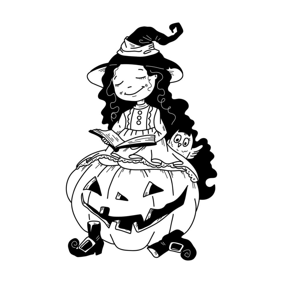 illustration of Halloween girls in hand drawn doodle style. vector