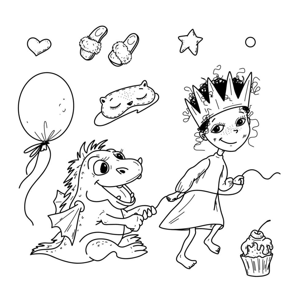illustration of pajama party little princess and cute dragon, vector