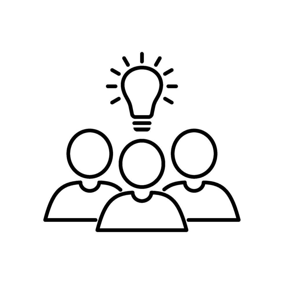 Group of people and bulb lamp outline icon. Teamwork, partnership success concept. Editable stroke vector