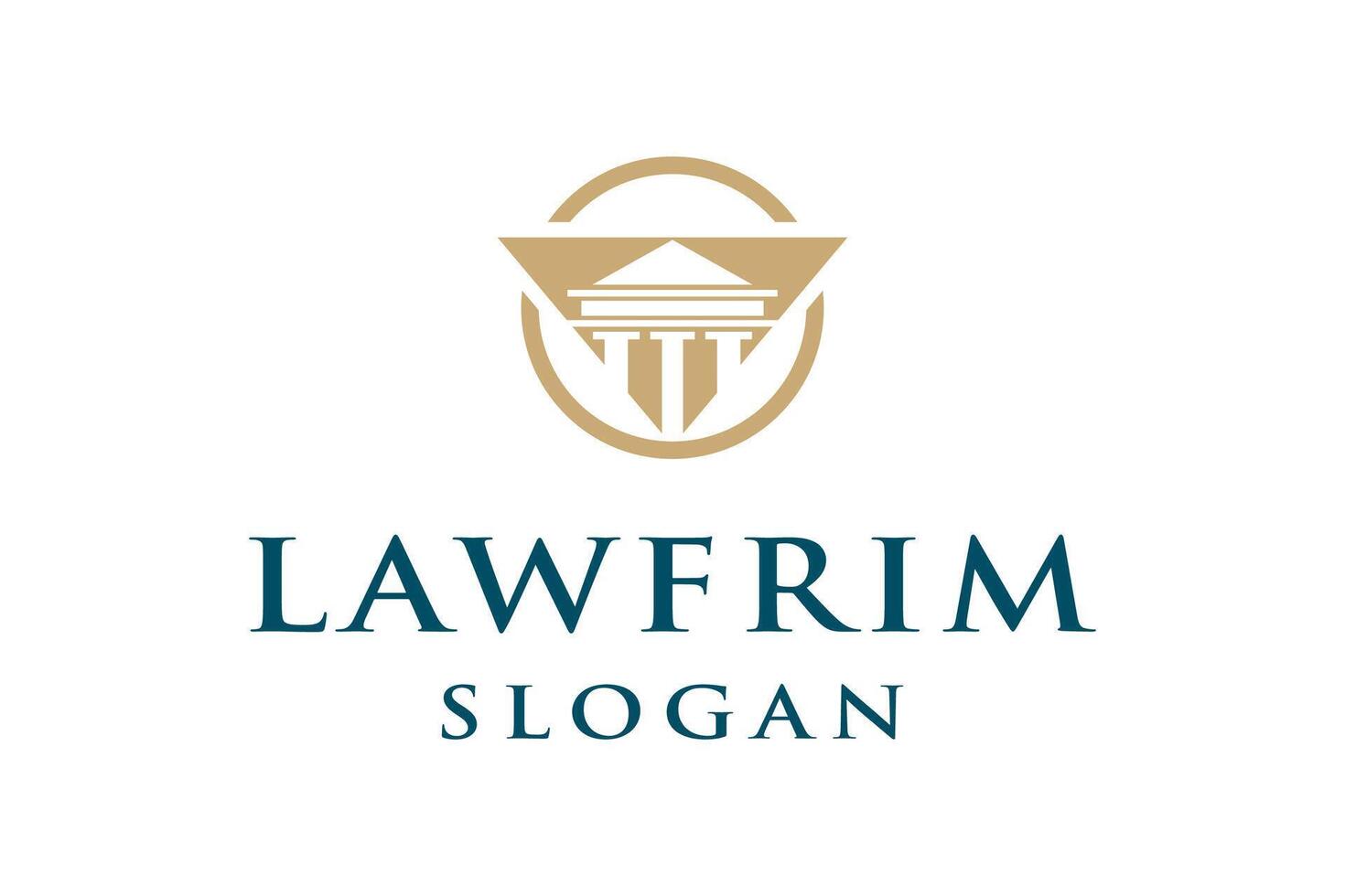Golden round icon with antique building with columns. Can be used as logo for law firm or company, lawyer office courthouse, vector