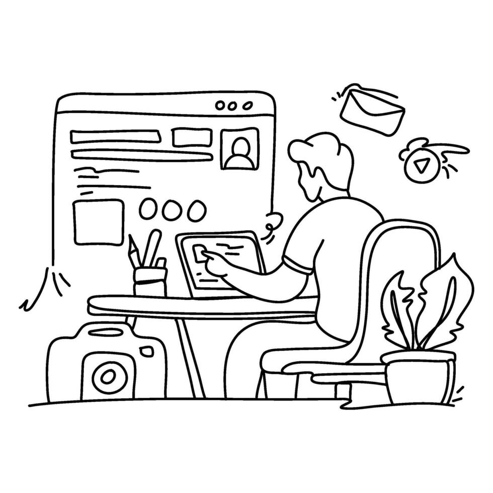 Uncover the beauty of simplicity in Content Creation with a minimalist flat illustration of a creator immersed in the process of writing a blog post vector