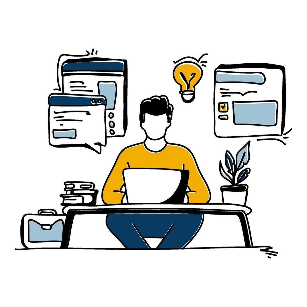 Explore the elegance of simplicity in Content Creation with a minimalist flat illustration of a creator engrossed in writing a blog post vector