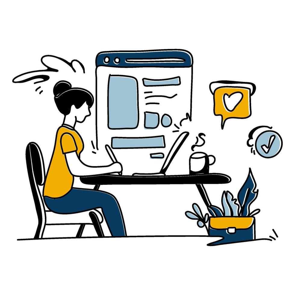 Explore the elegance of simplicity in Content Creation with a minimalist flat illustration of a creator engrossed in writing a blog post vector