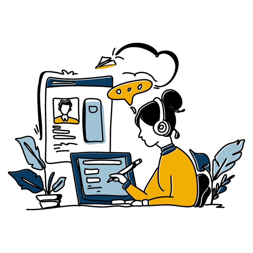 Explore the elegance of simplicity in Content Creation with a minimalist flat illustration of a creator engrossed in writing a blog post vector