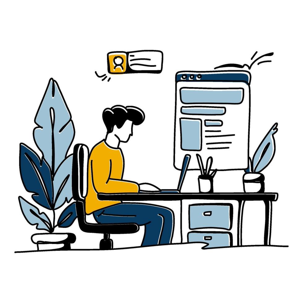 Explore the elegance of simplicity in Content Creation with a minimalist flat illustration of a creator engrossed in writing a blog post vector