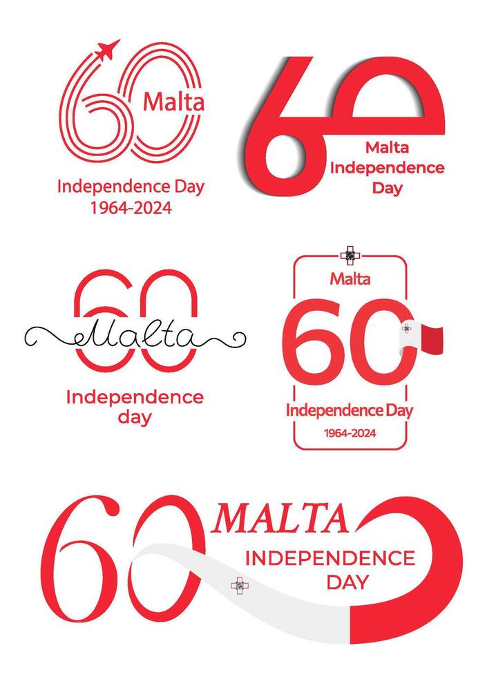 Set for the 60th anniversary of Malta's Independence Day. Different variations of large red number 60 with Maltese flag. Great for logo, card, website, print, design, poster, social media vector