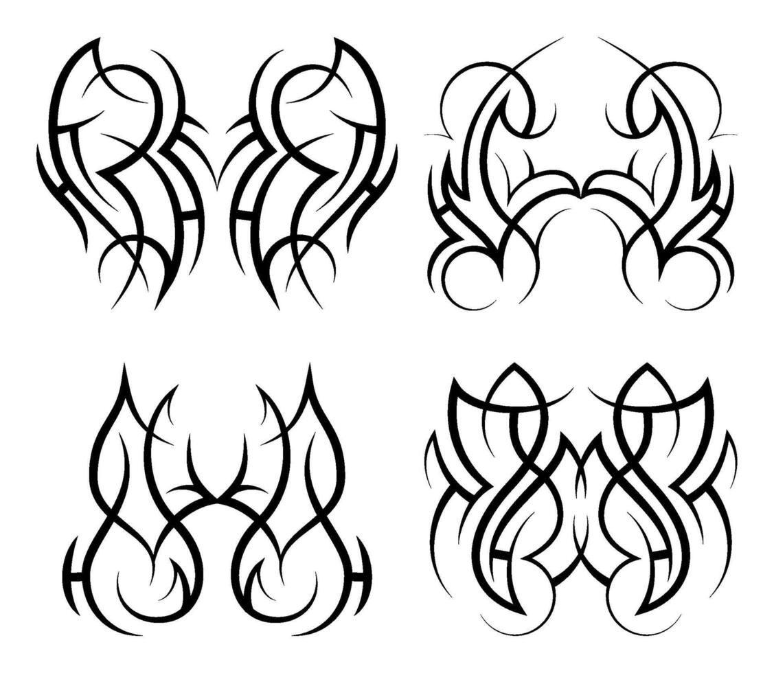 Neo abstract tribal tattoo set. Mirror black shoulder tattoo. Cyber sigilism style hand drawn ornament. Celtic gothic sleeve ornament shapes. Maori ethnic design isolated on white background. Sketch vector