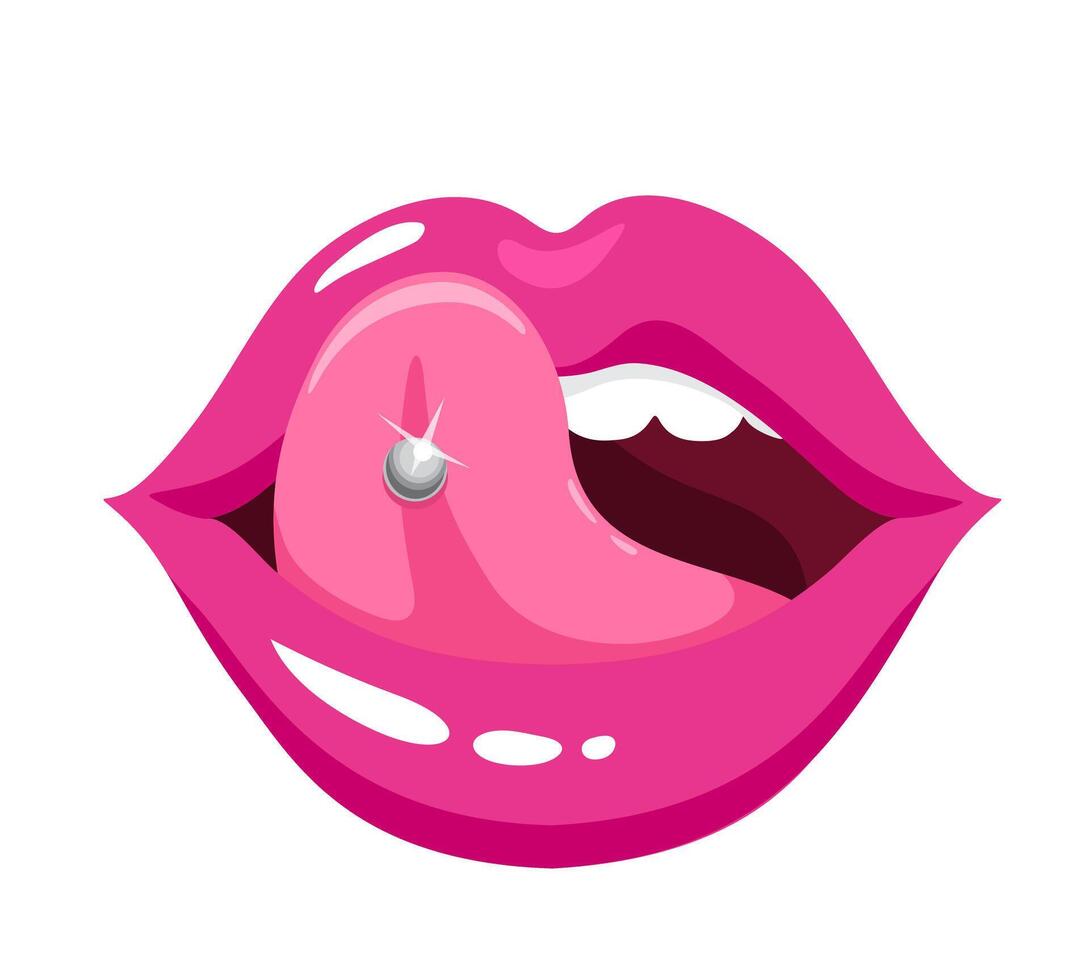 Open mouth with pierced tongue. Cartoon of cute tongue piercing icon for web design isolated on white background. Beauty accessories vector