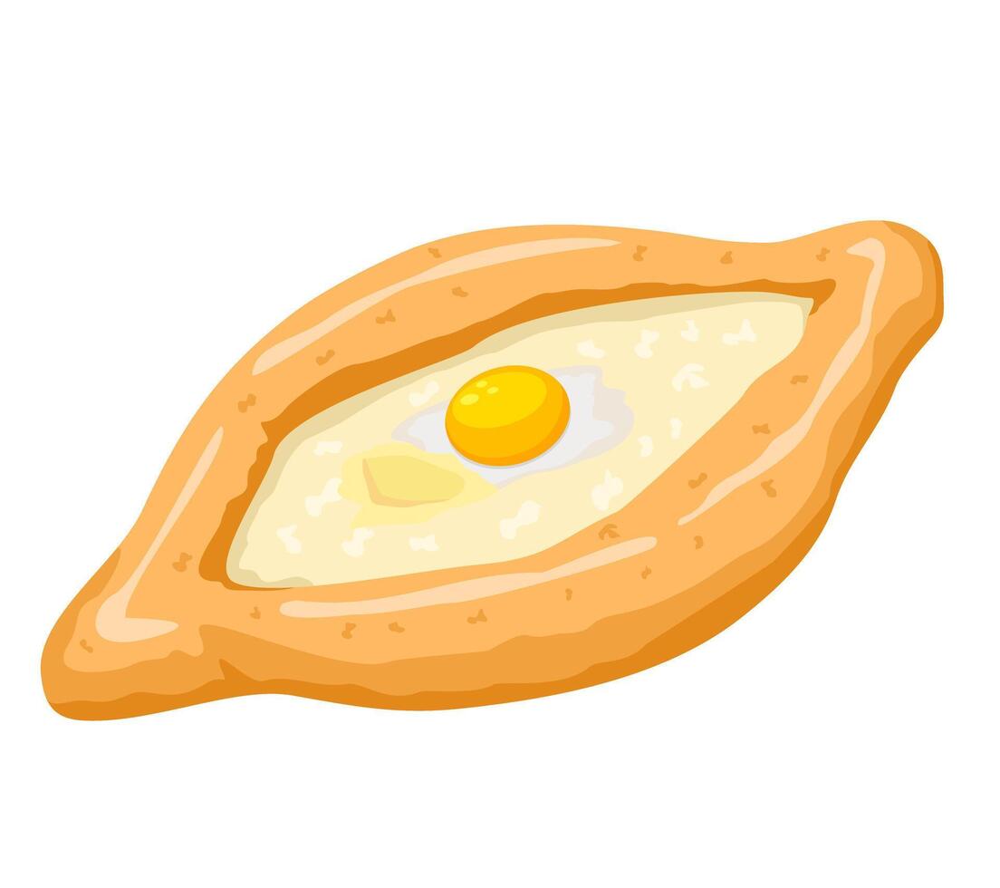 Khachapuri with egg, yolk and soft cheese. Traditional Adjarian and Georgian dish. Freshly baked flat bread with cheese and egg vector