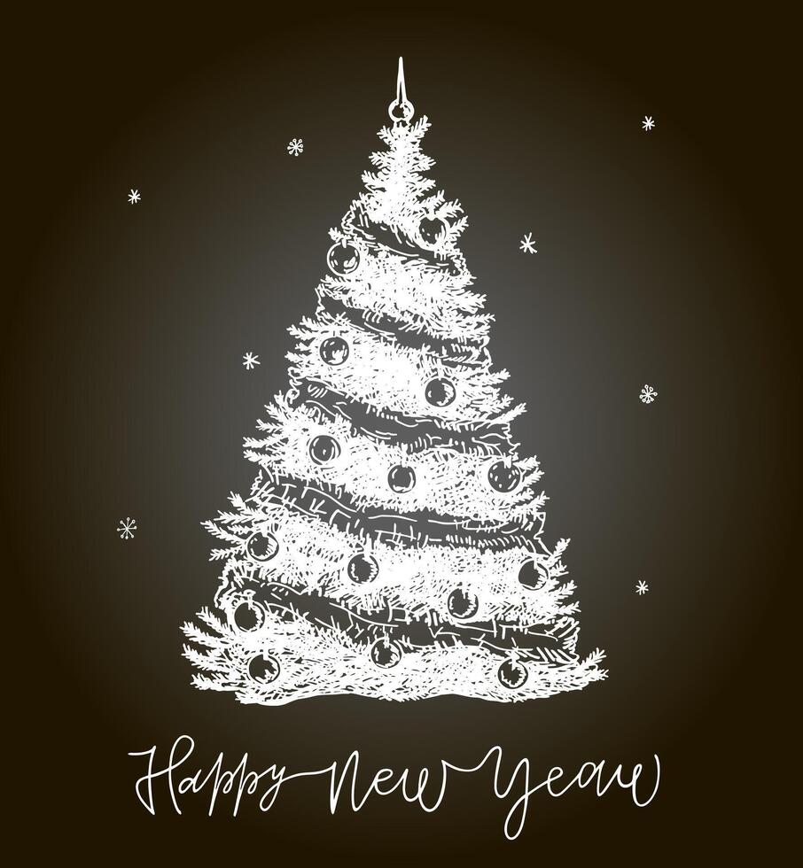Merry Christmas and Happy New Year decorated Christmas tree. Hand drawn Christmas tree and gifts. Chalk sketch. vector