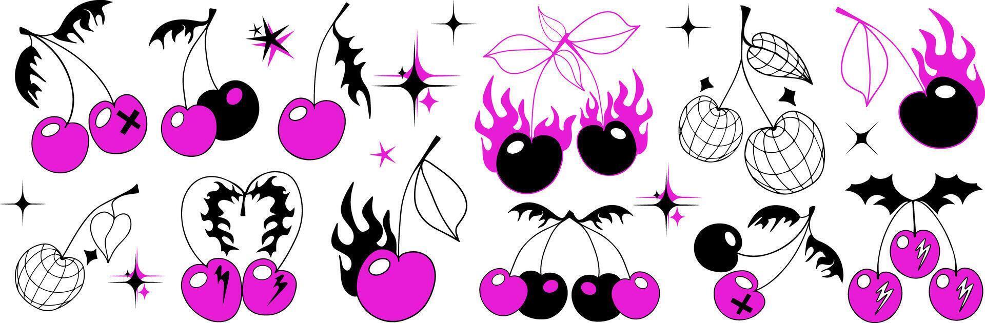 Cherry set y2k 90s style. Cherrys with burn fire flame, Disco mirror ball icon for card, sticker, print design. Tattoo 2000s style. Black and pink illustration. vector