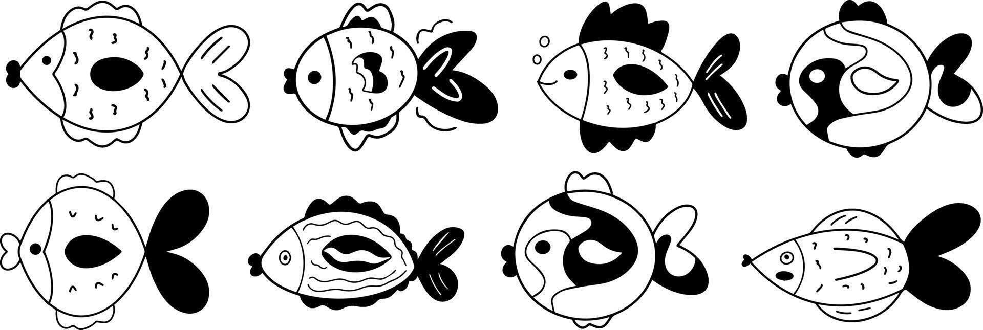 Set of hand drawn funny fishes in sketch style. decorative marine cute collection vector