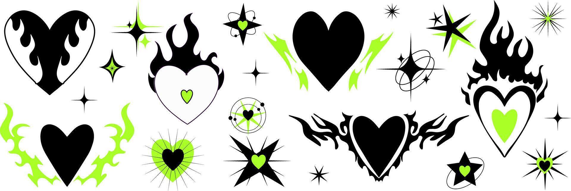 Flame heart set y2k style. Trendy grunge scrawl icon for stickers. Emo gothic heart and star. illustration. vector