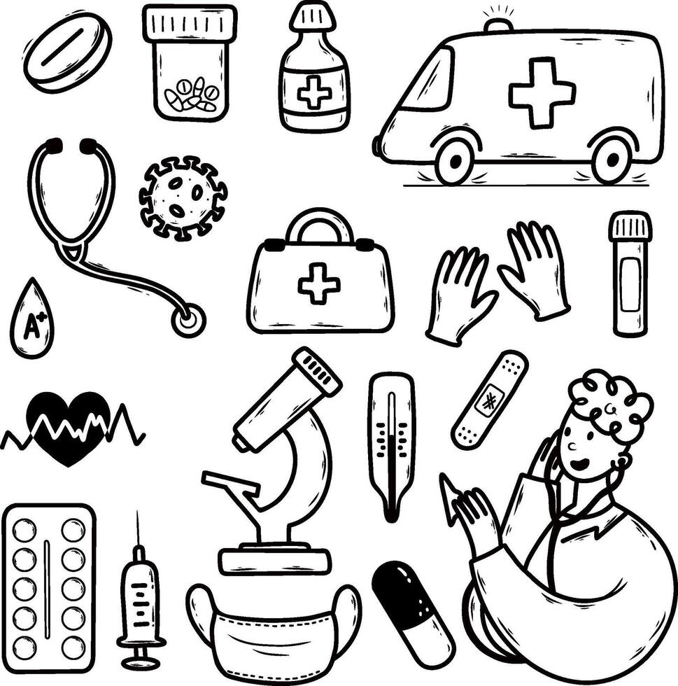 doodle illustration on topic of health and medicine. collection of hand drawn elements. vector
