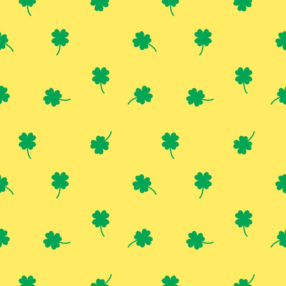 Lucky Four leaf green clovers seamless pattern, yellow and green background texture vector