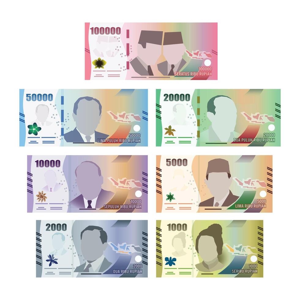 Set of Indonesia banknotes money front side of every value simple flat illustration. vector