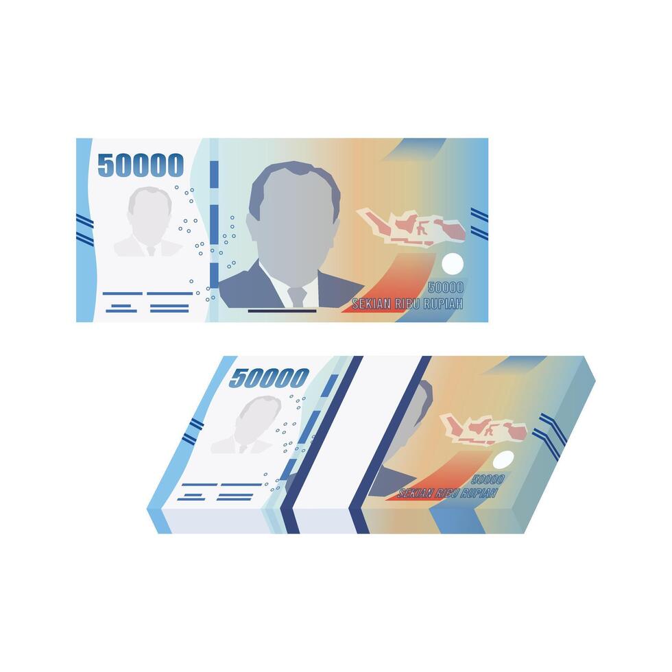 Set of Indonesia banknotes money front side of 50000 rupiah simple flat illustration. vector