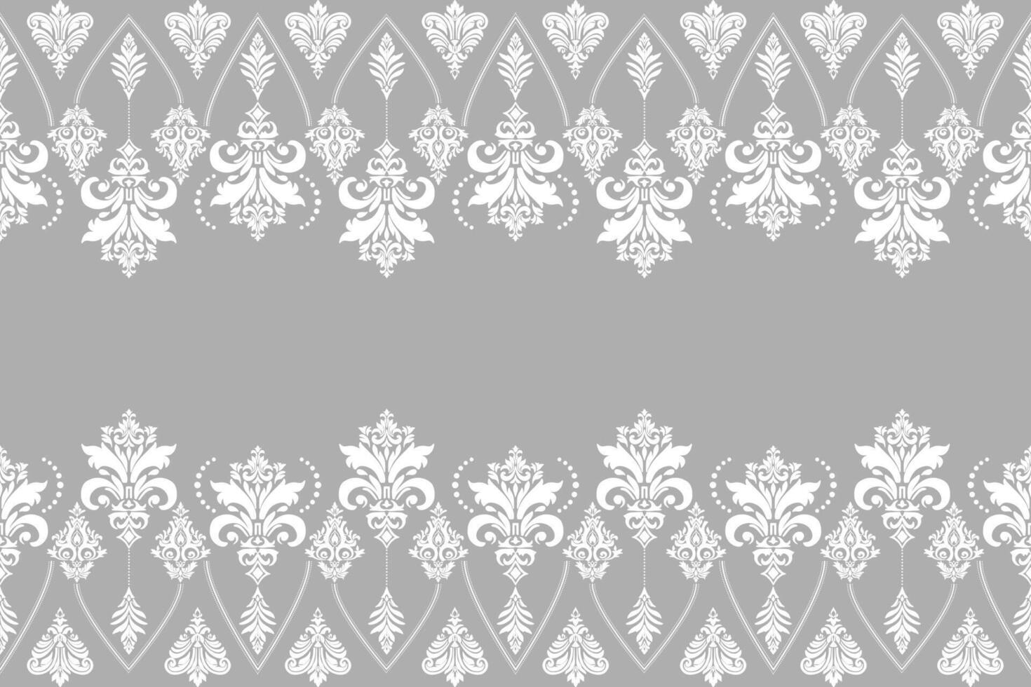 White damask seamless pattern of floral and leaf motifs on grey background vector