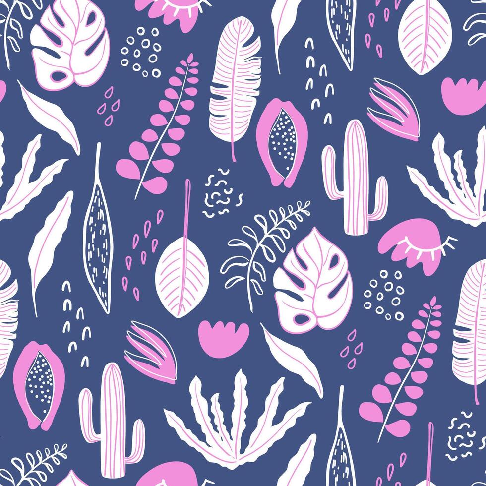 Abstract seamless pattern with tropical rainforest plants. Naive art hand drawn textures, leaves and flowers. Dark modern background for paper, textile, social media design. vector