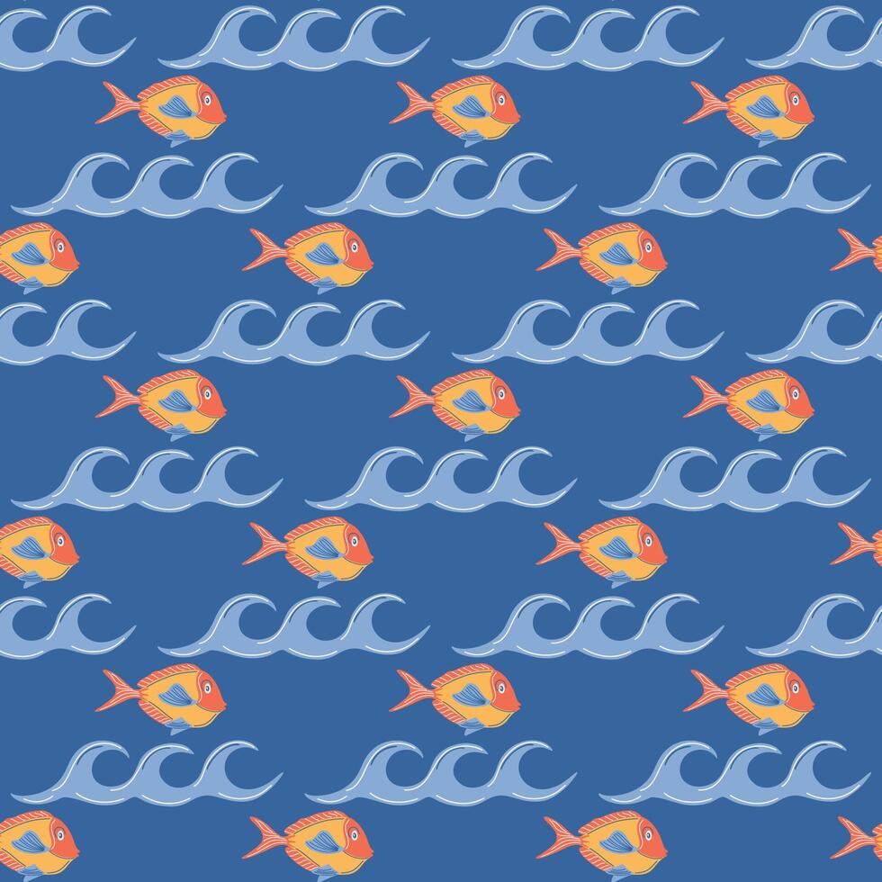 Cute fish and waves seamless pattern. Sea repeat texture on blue background. Hand drawn illustration for fabric, paper, wallpaper. vector