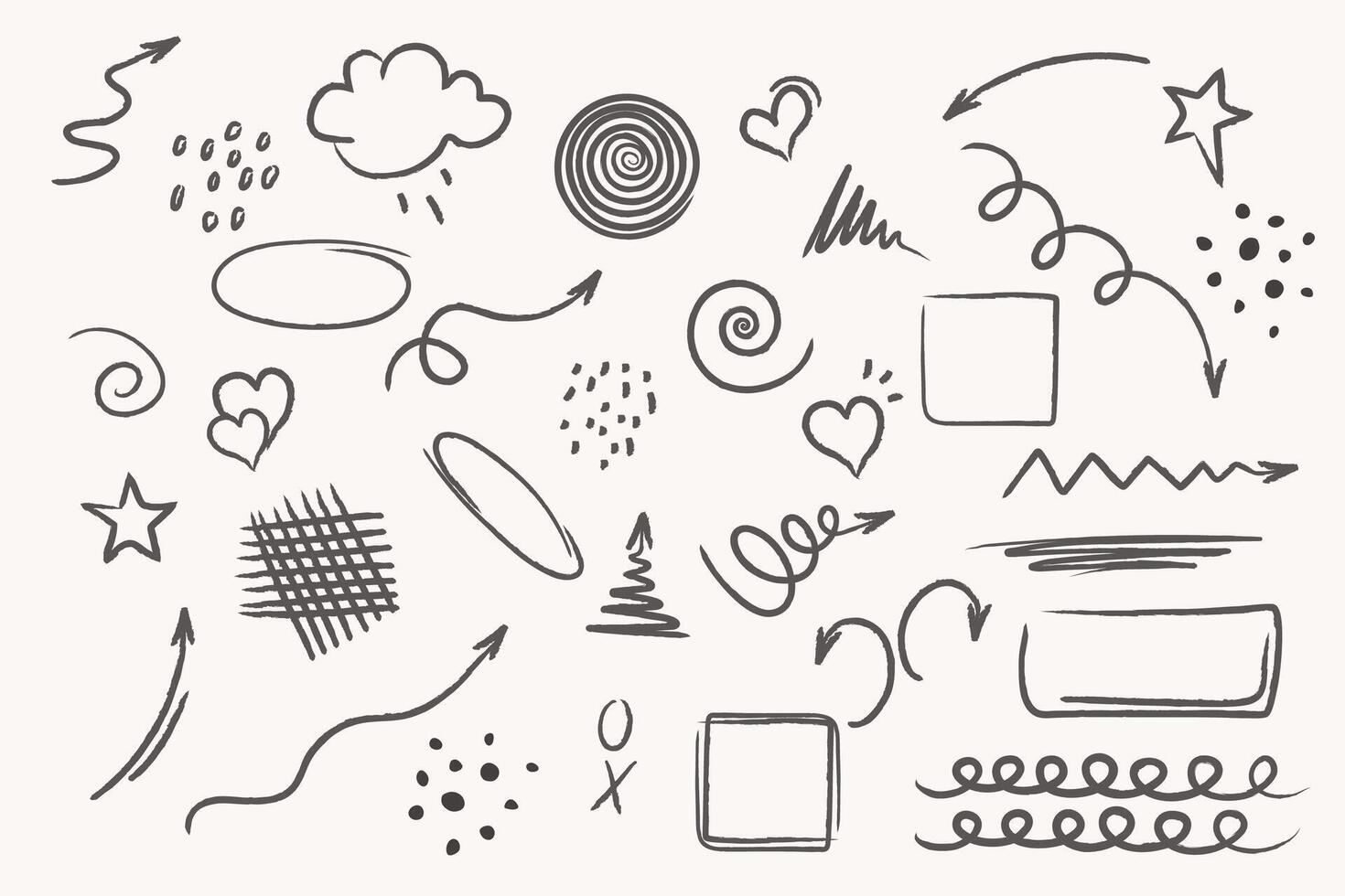 Hand drawn set of lines, arrows, elements. Hand drawn circle, cloud, speech bubble, grunge set of elements. Retro style illustration. vector
