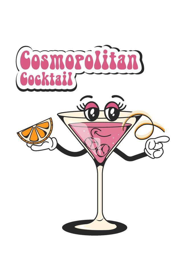Cosmopolitan retro cocktail in groovy style. Quirky character from the 60's in a modern style. Vintage design vector