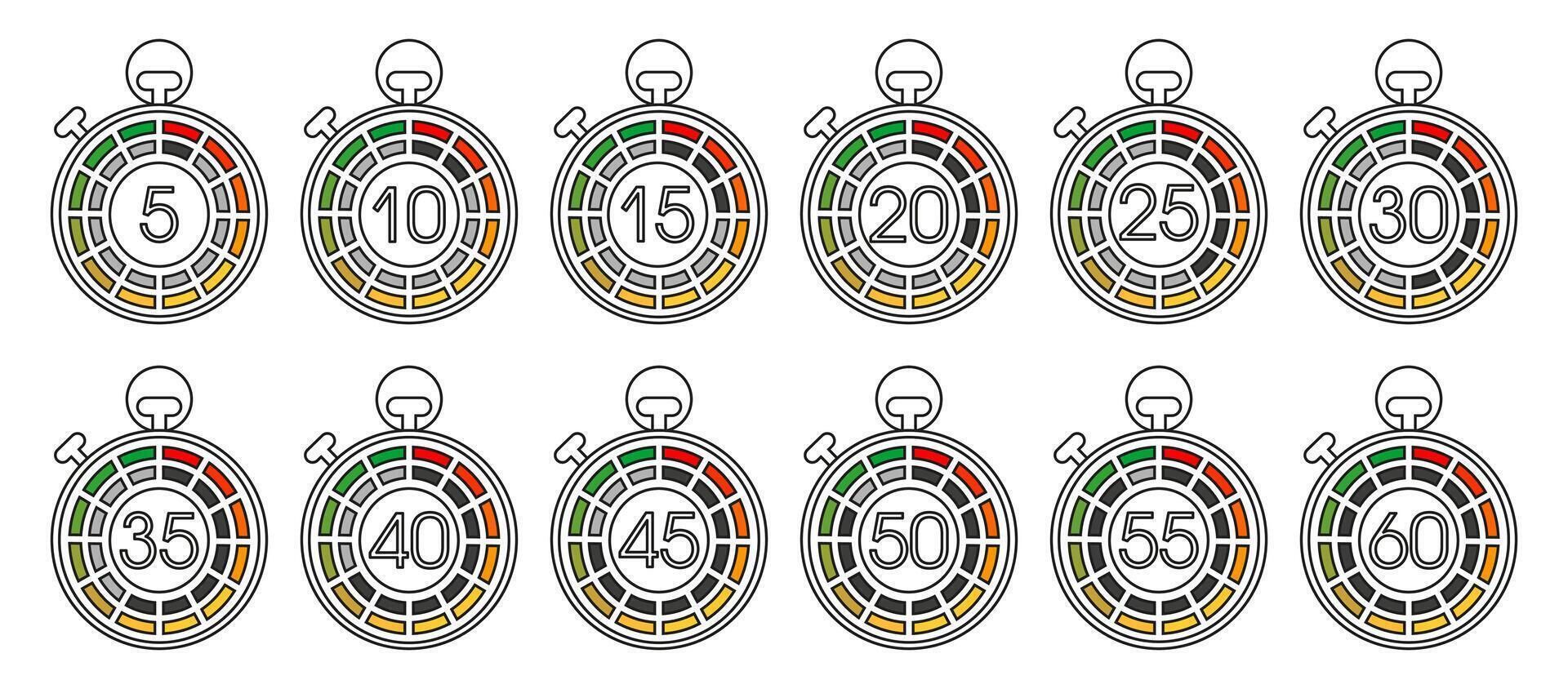 Timer set. Stopwatch icons. Countdown from ten minutes to one hour. vector