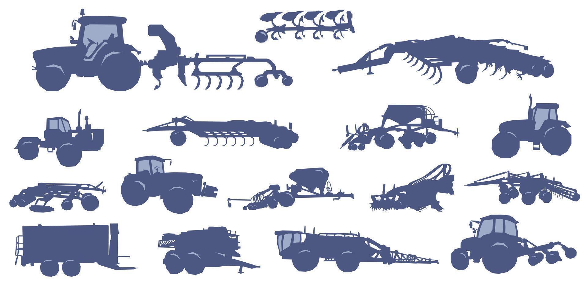 Set of icons of agricultural and agricultural machines used for sowing and watering. vector