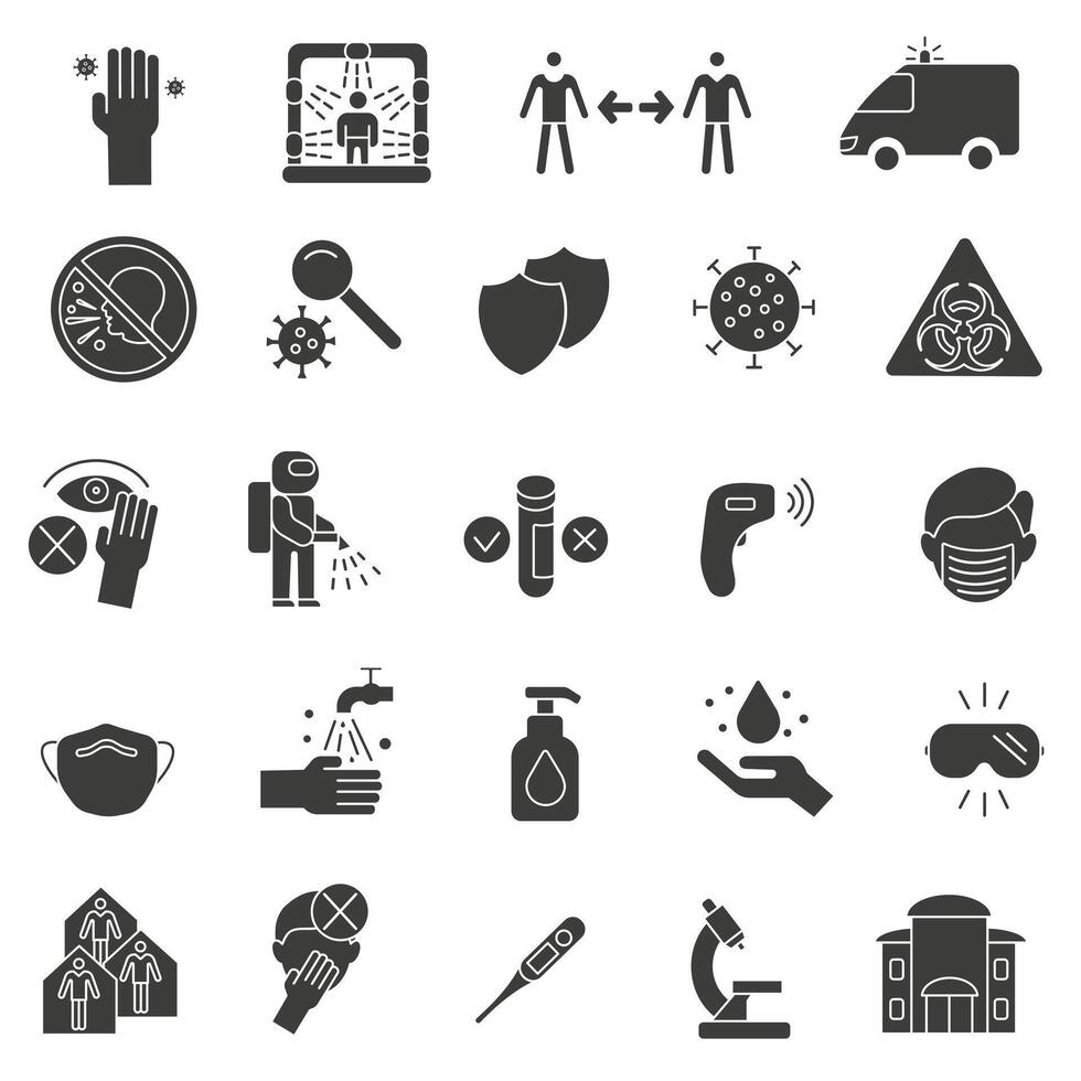 Dark icons related to the virus and its treatment. The virus and its treatment. vector
