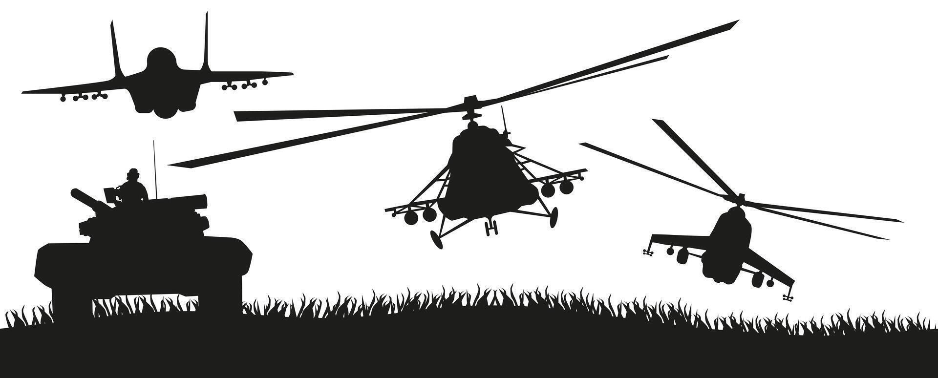 Silhouettes of military equipment, namely helicopters and tanks and a fighter jet. vector