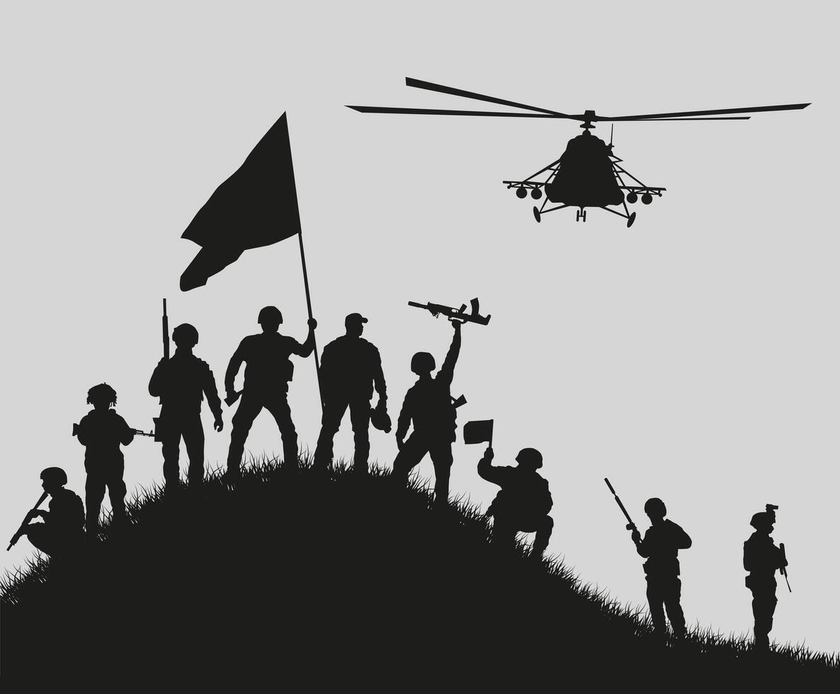 Silhouettes of soldiers who won the battle. The importance of victory. vector