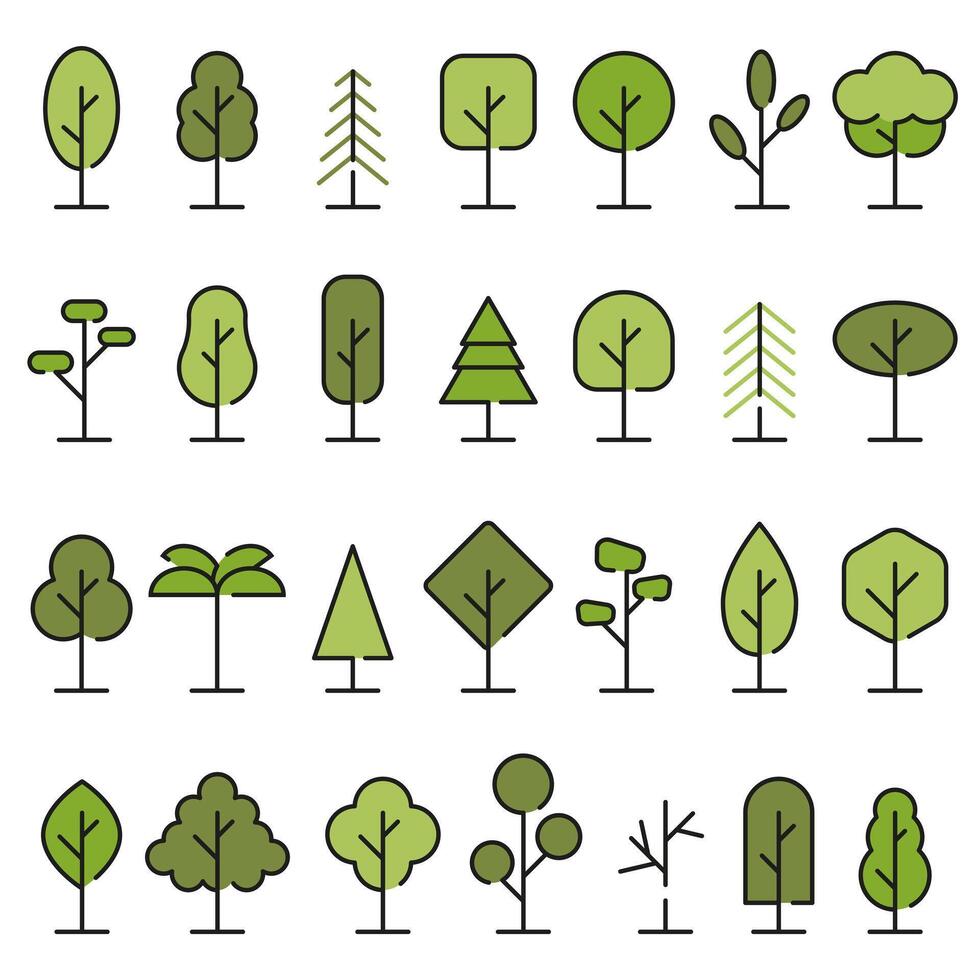 Green trees with dark strokes. A collection of tree illustrations. Wood for every taste. vector
