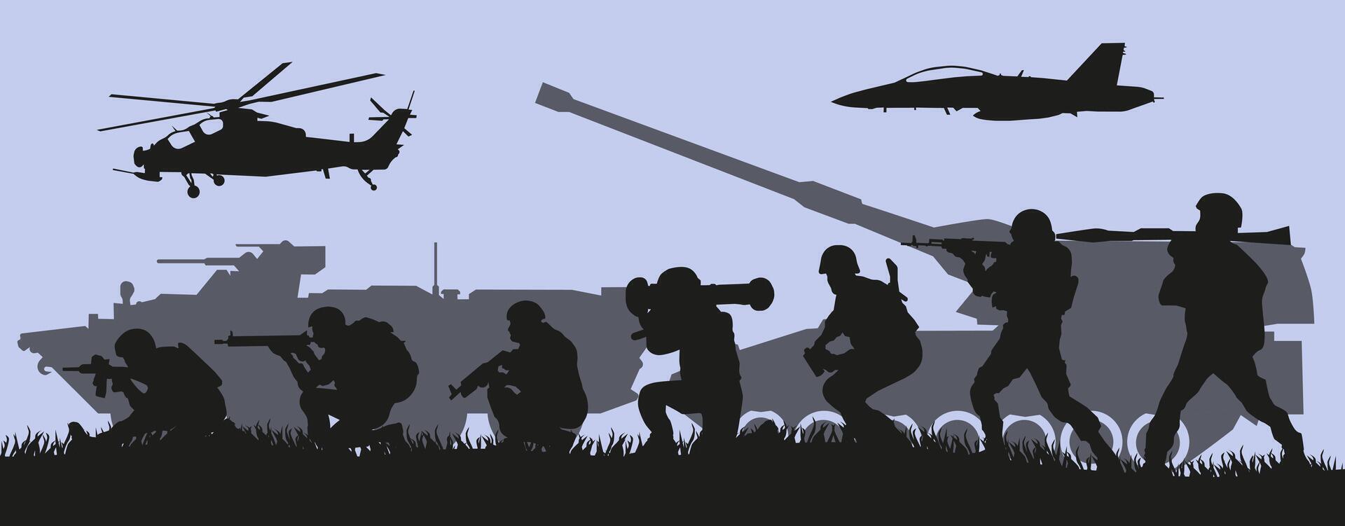 A detachment of soldiers going on the attack. Silhouettes of soldiers. vector