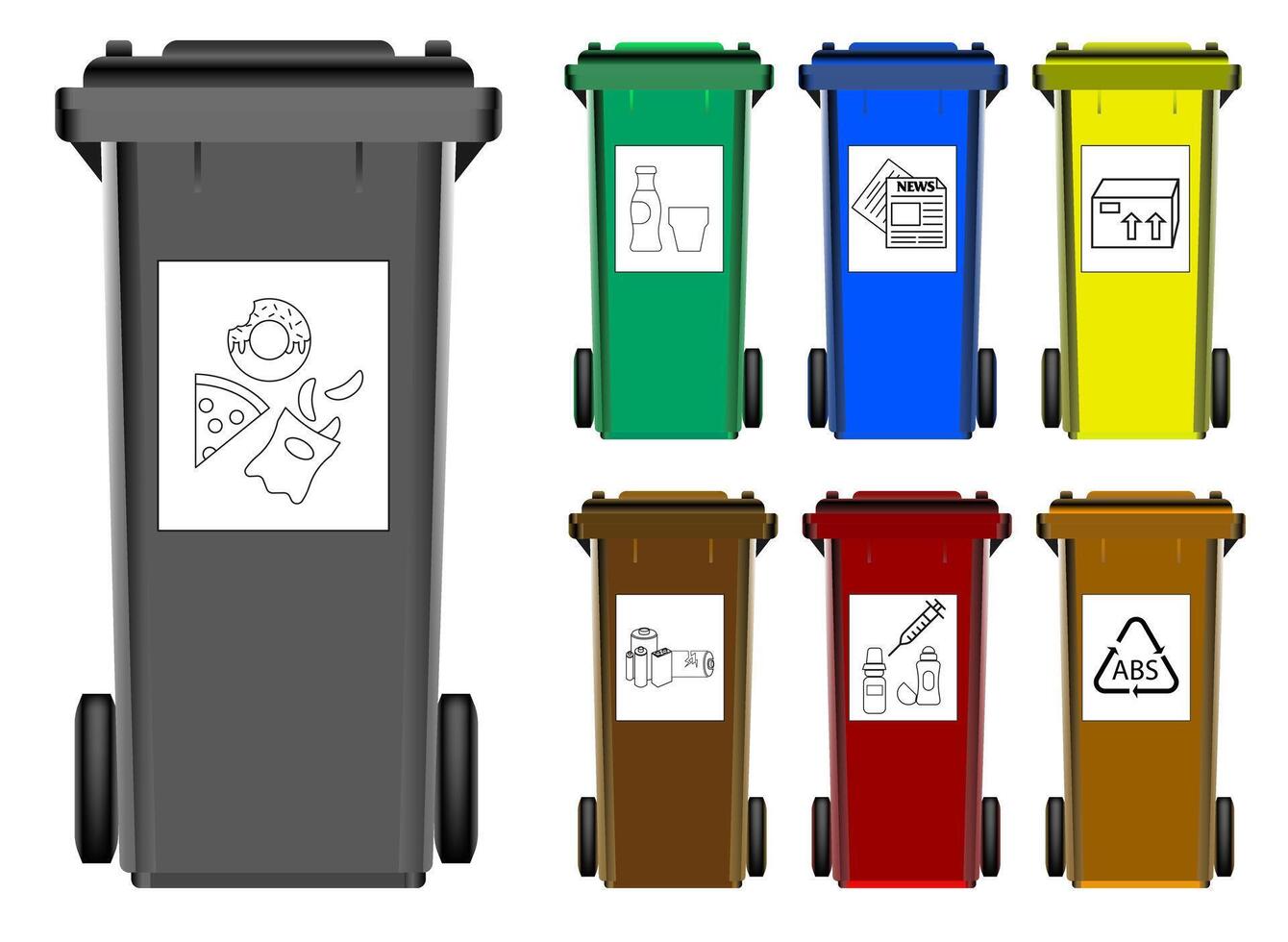 Sorted garbage in bins on a white background. Recycling. ESP 10. vector
