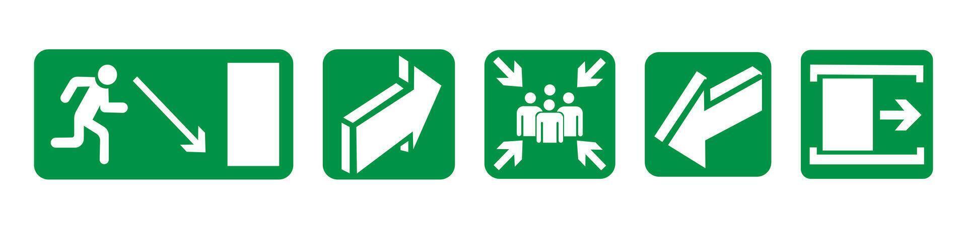 Fire exit signs installed. Green emergency symbols on a white background. vector