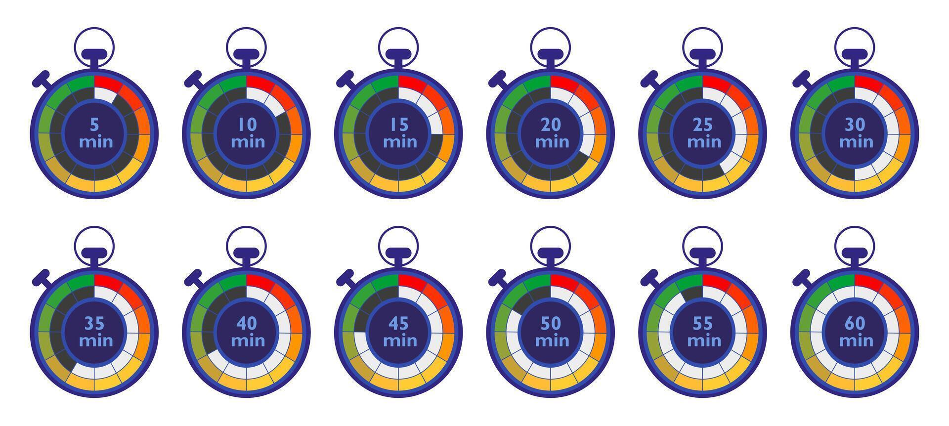 Stopwatch isolated icon set. Cooking or running time, labels. vector