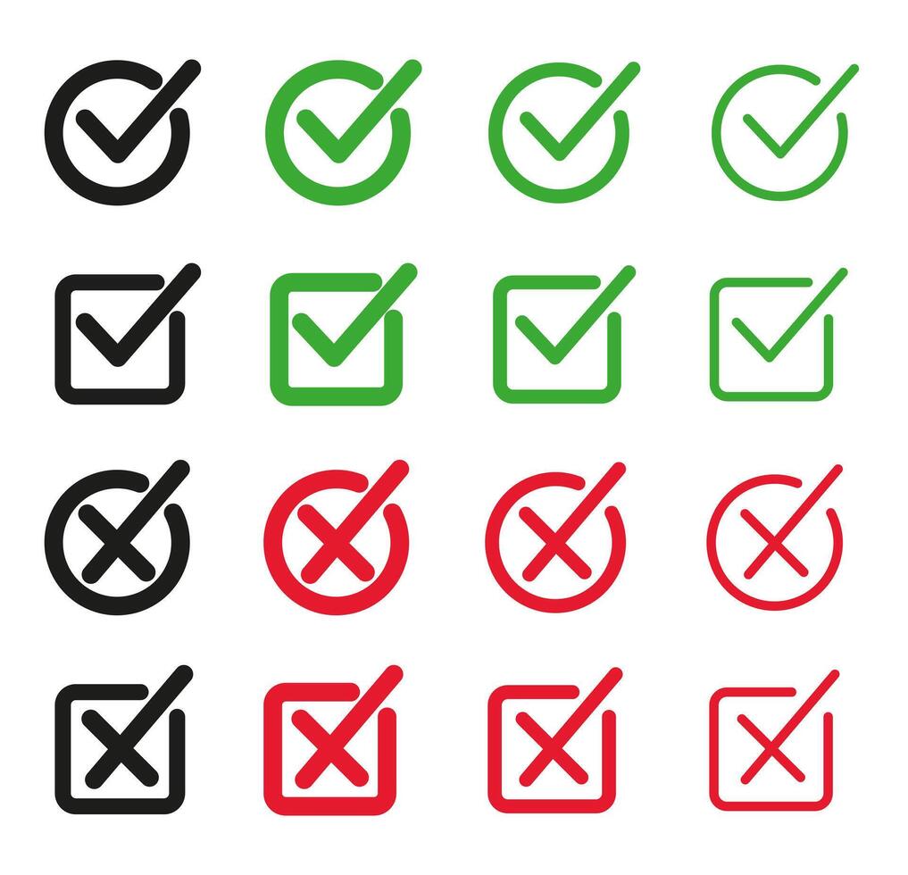 Set of flat buttons. Green ticks and red crosses. Circle and square and different thickness of lines. vector