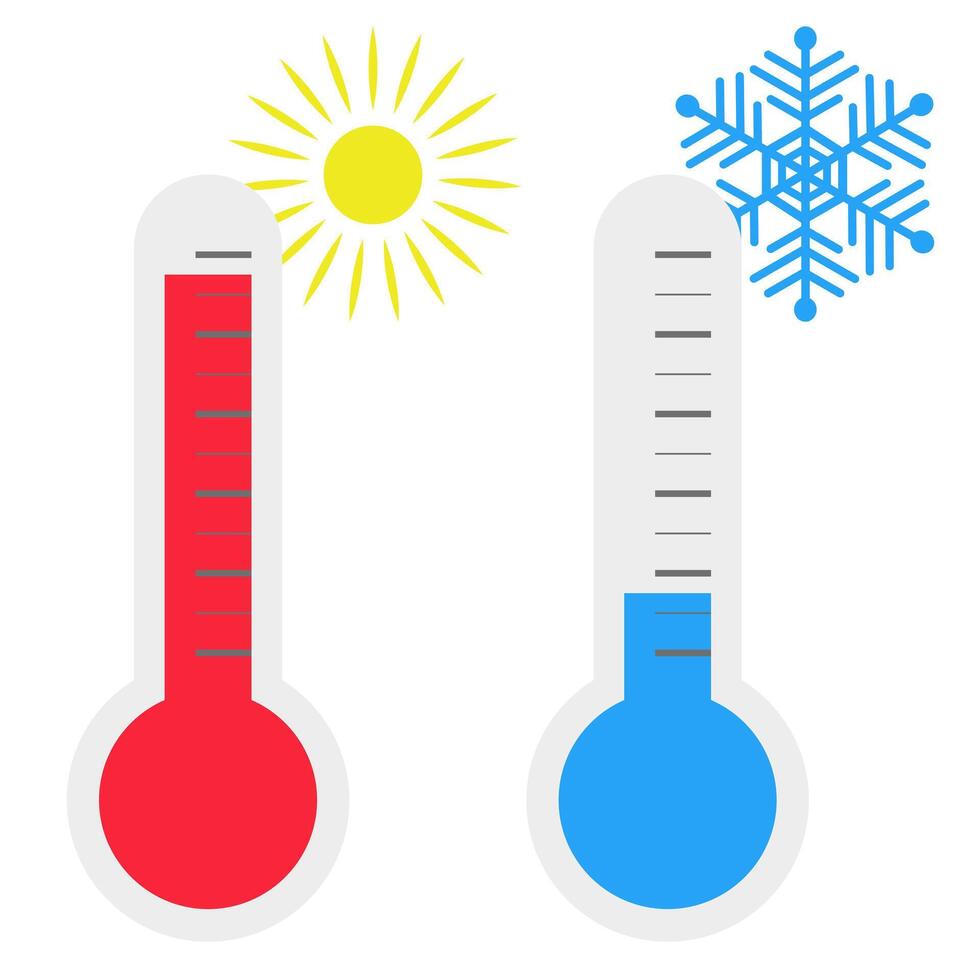Two colored thermometers show cold and heat. Temperature indicator at different times of the year. vector