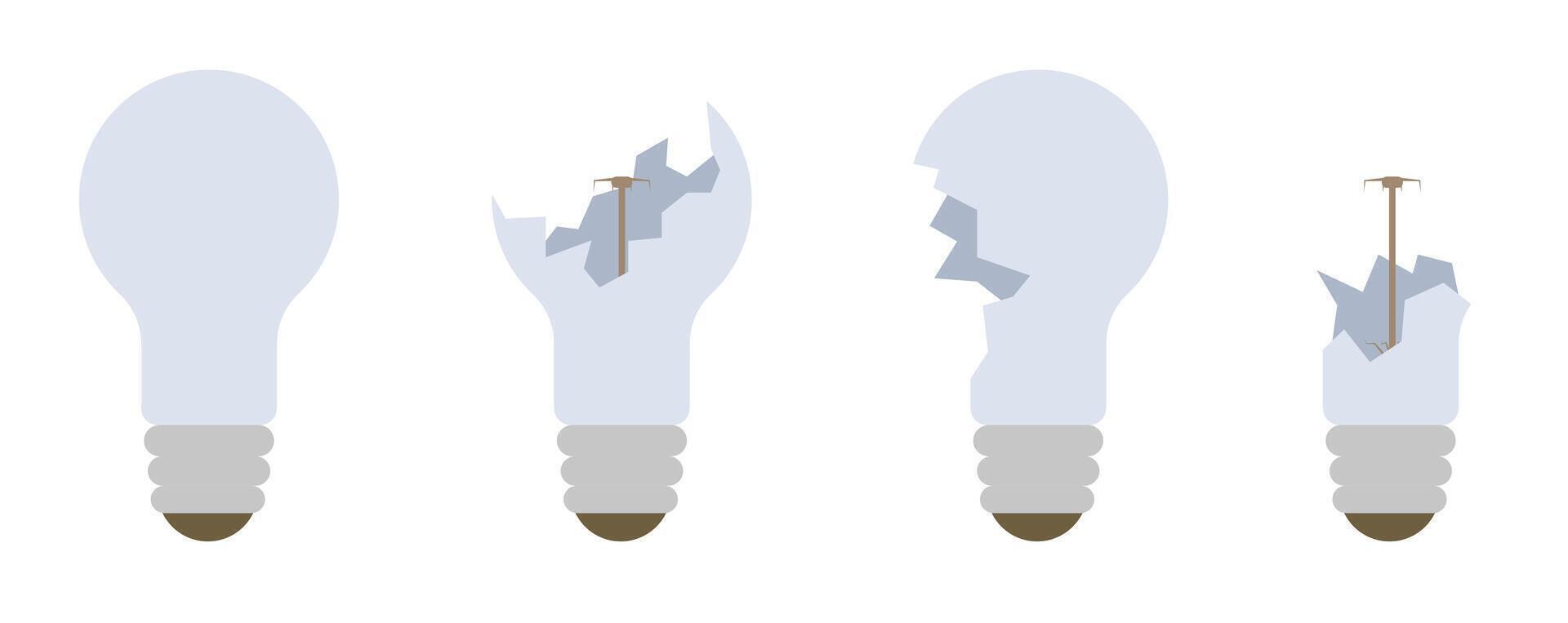 Broken lamp concept. White Light of Destruction. A whole light bulb, a broken light bulb. vector
