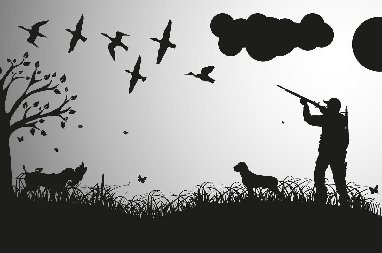 Black silhouette of a hunter with dogs in the forest. Duck hunting. Landscape of wild nature. ESP 10. vector