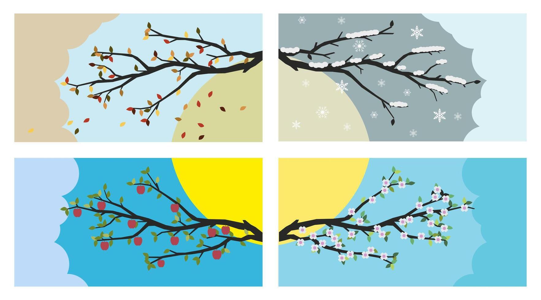 Four seasons of the year. Banners with tree branch and hills. vector