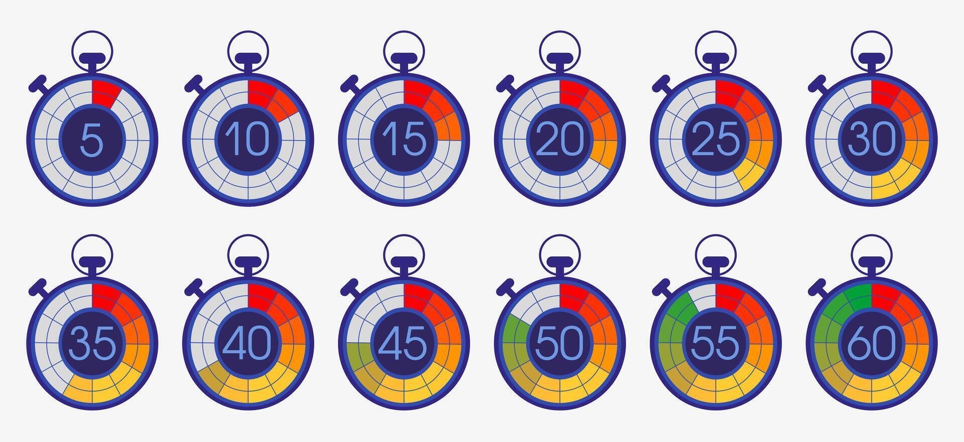 Set of watches, stopwatch, sequence frame for mobile application, web design, countdown timer. vector