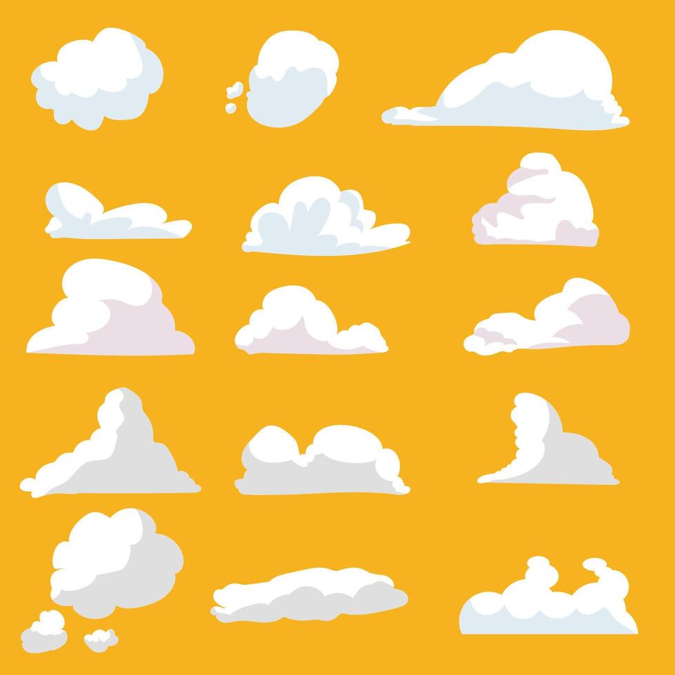 Clouds set isolated on a yellow background. Simple cute cartoon design vector