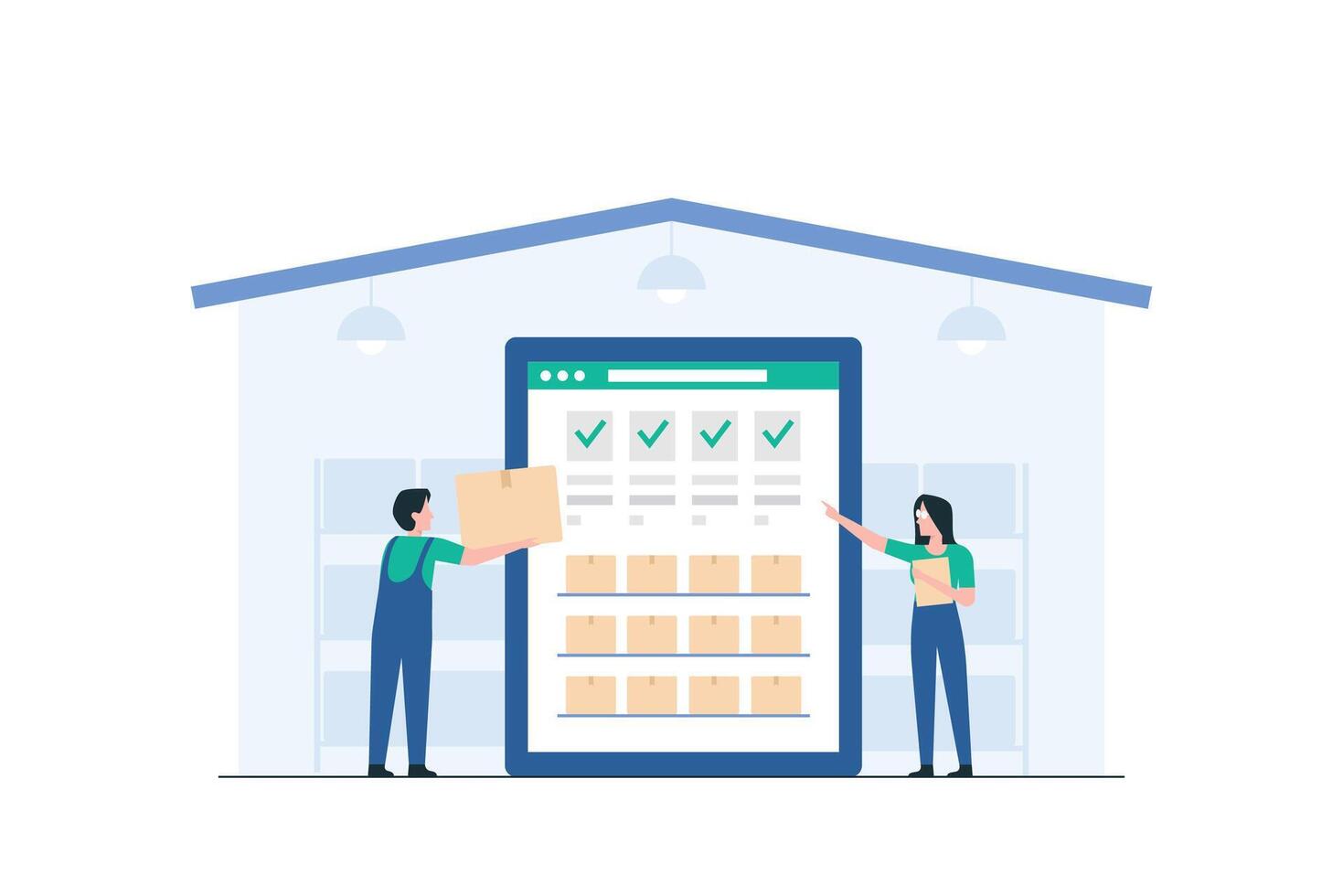 Inventory Control or Logistics Management. Warehouse Worker Organizing Inventory Efficiently Using Technology. vector