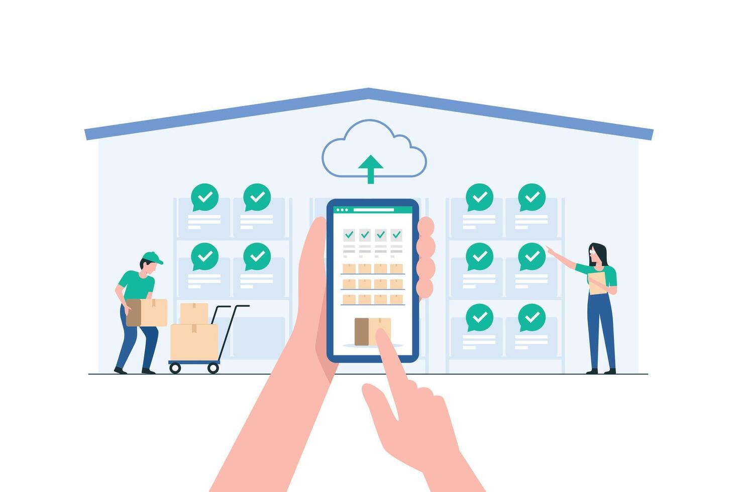 Warehouse Staff Using Technology for Efficient Inventory Management. vector