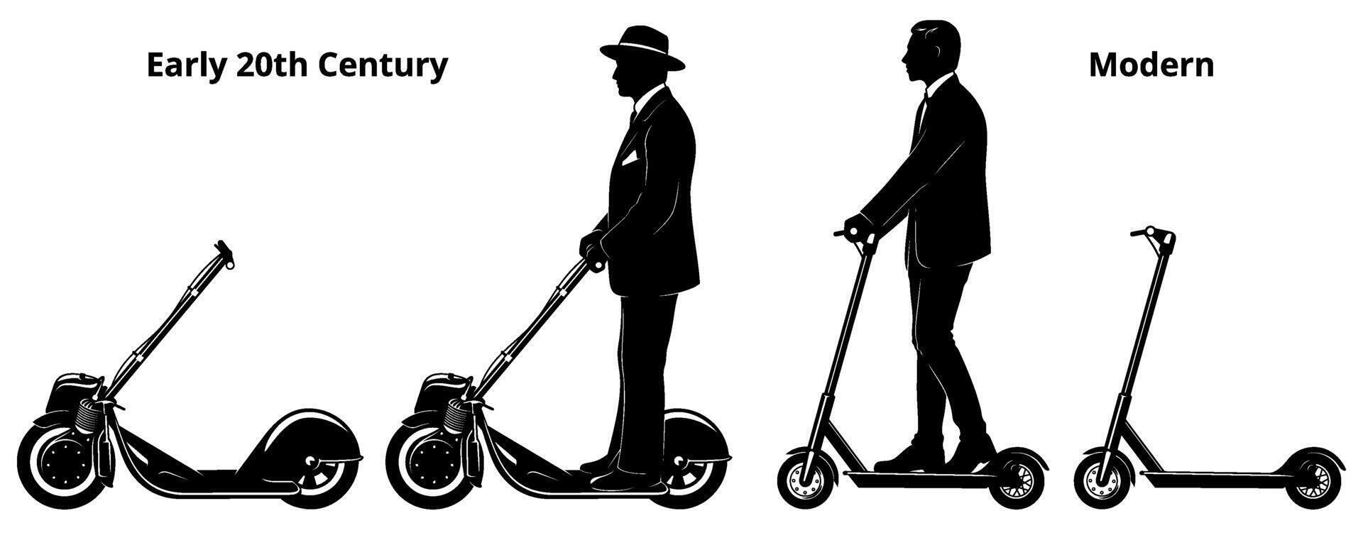 Silhouettes of Vintage and Modern Electric Scooter. With and without man riding on it. Cliparts isolated on white. vector