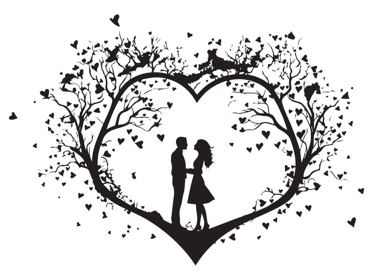 set of black silhouette love tree and two man white background vector