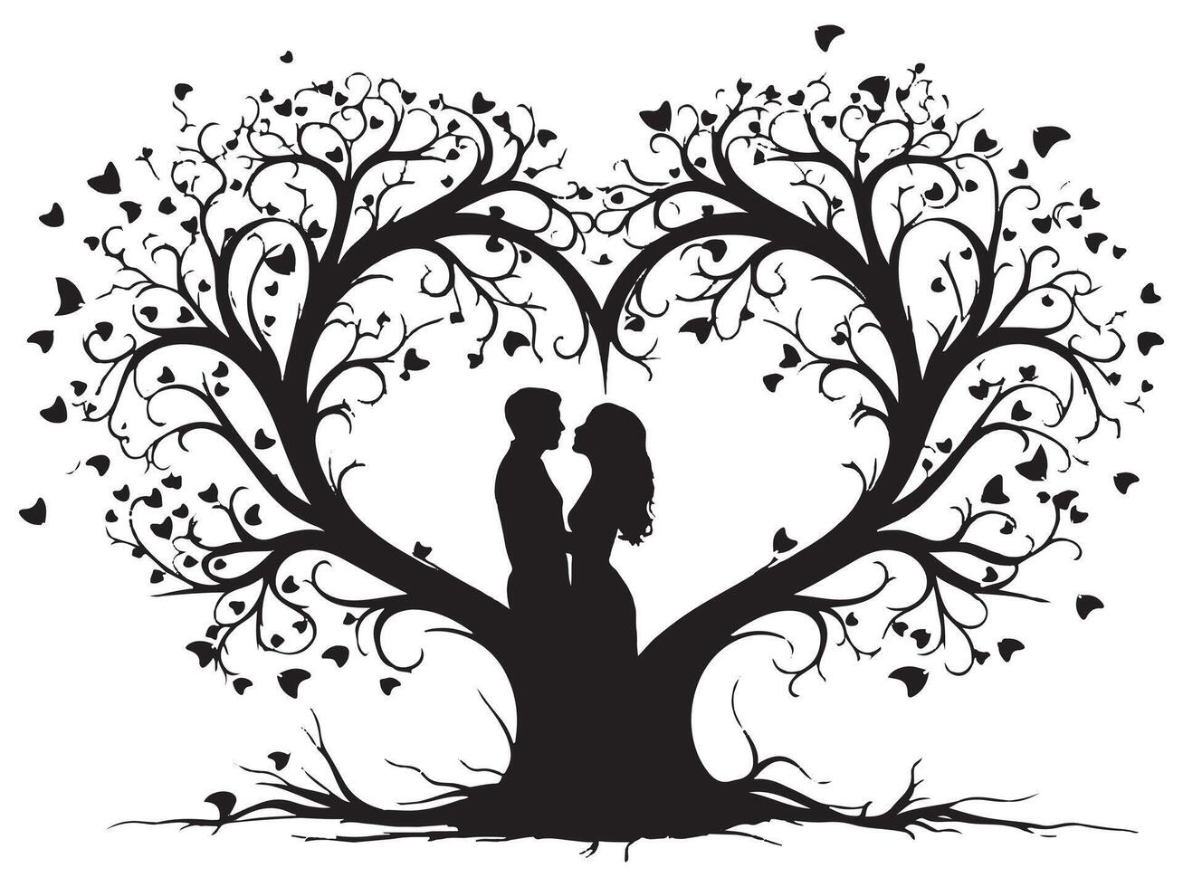 collection black love tree with heart leaves. hand draw Valentine tree silhouette clip art isolated on white background vector