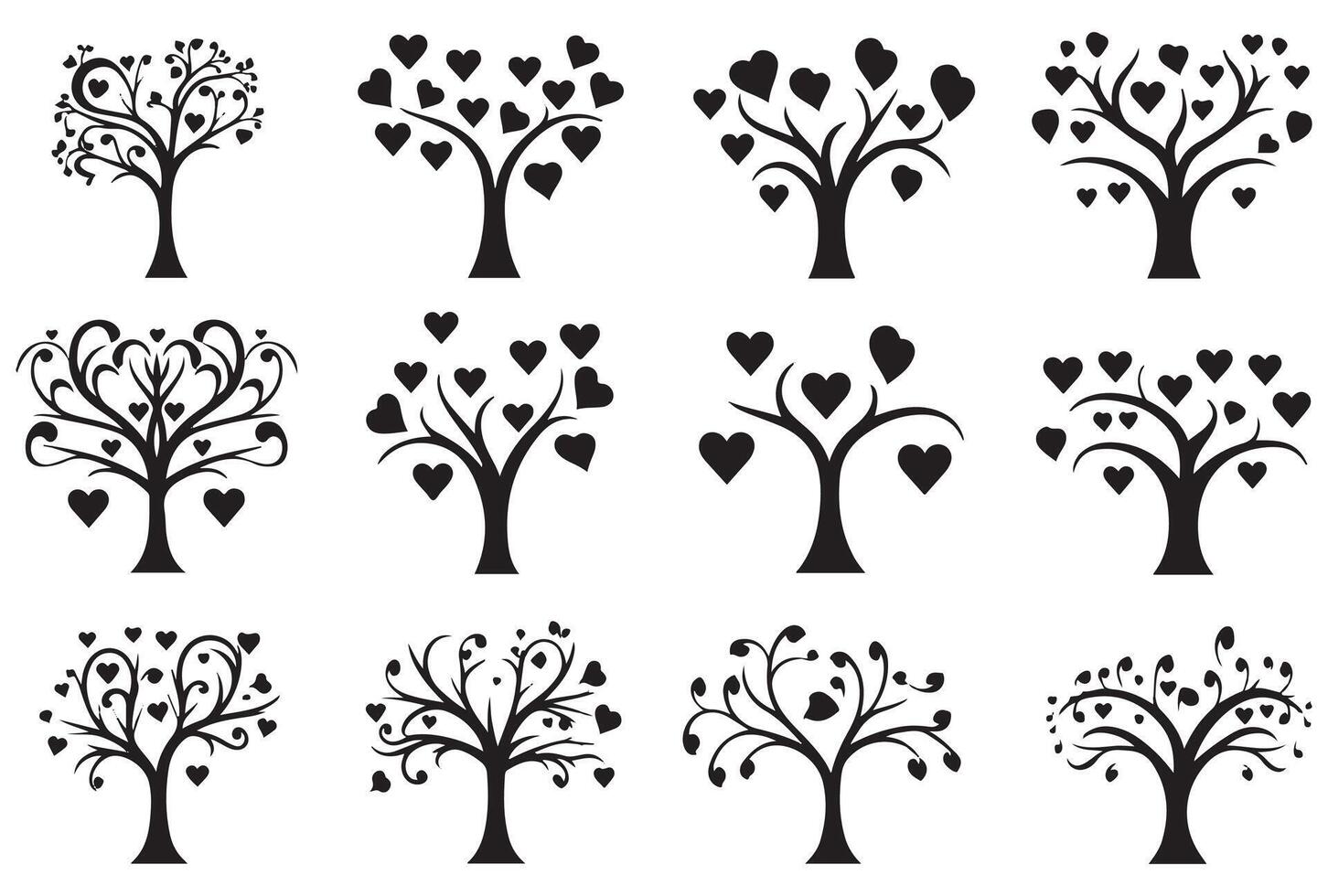 set of black silhouette love tree vector