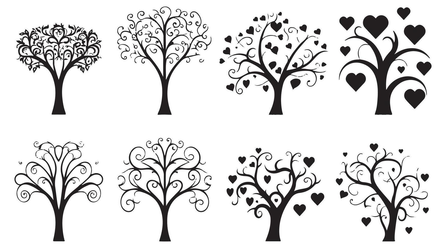 set of black silhouette love tree and two man white background vector